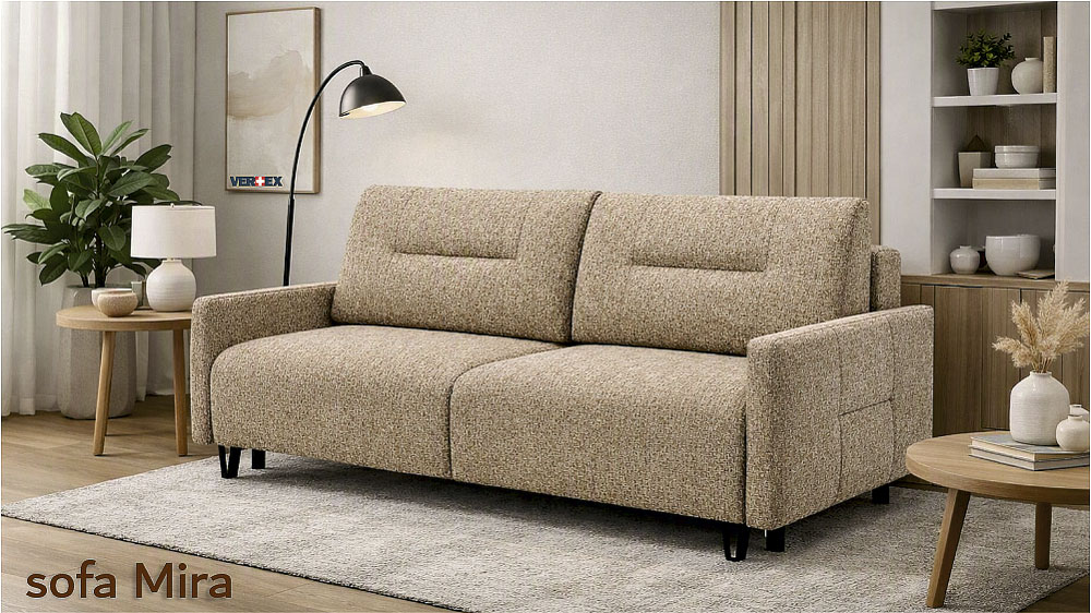Диван Sofa Mira в современном интерьере — текстурная бежево‑коричневая обивка, деревянные элементы, уютный дизайн